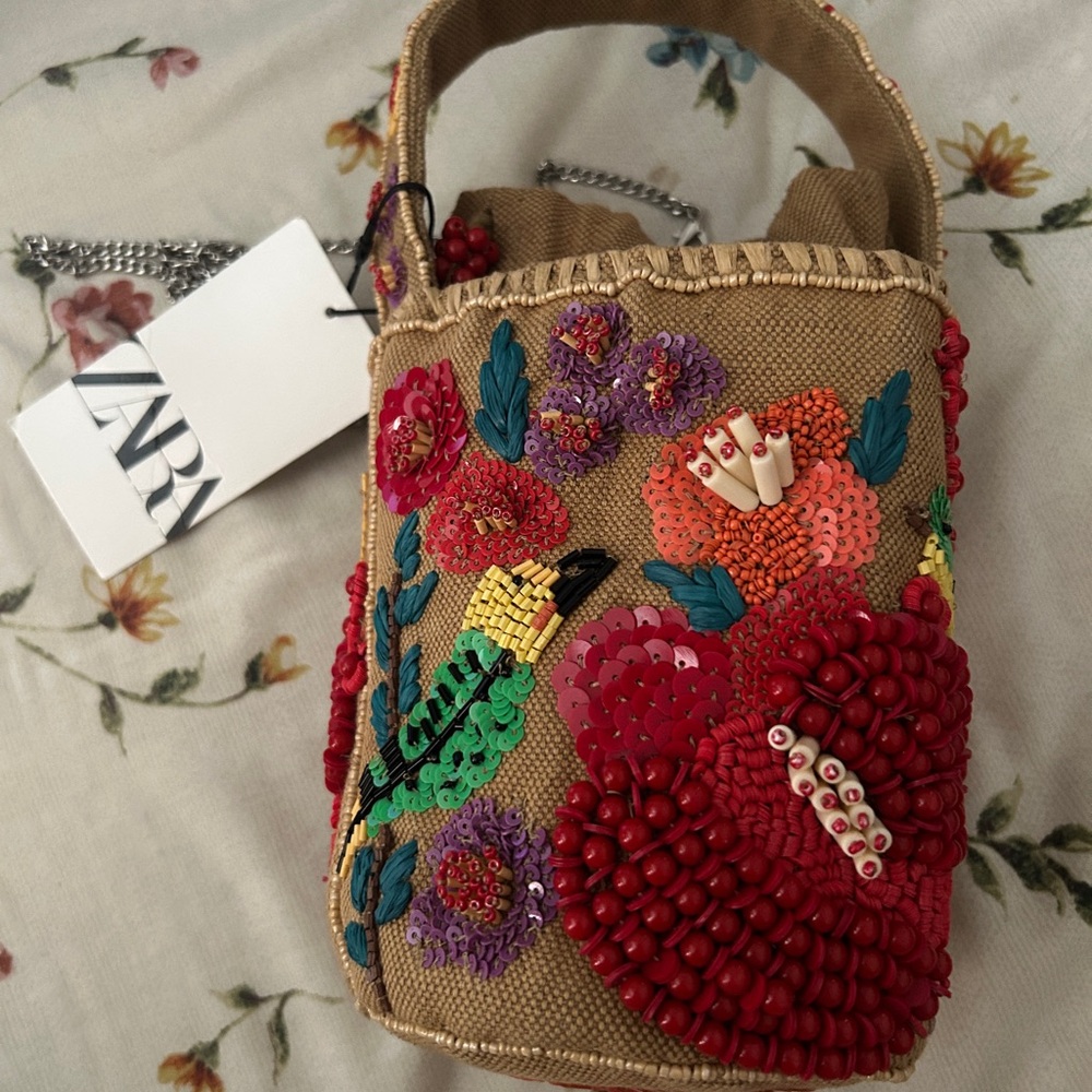 NWT ZARA BEADED BASKET BAG - Picture 8 of 11
